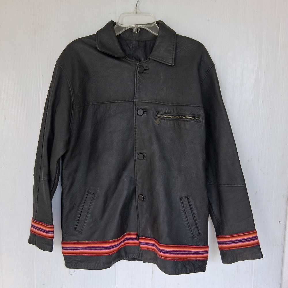 Miyuki Leather Jacket Mens M Black W/ Orange Trim